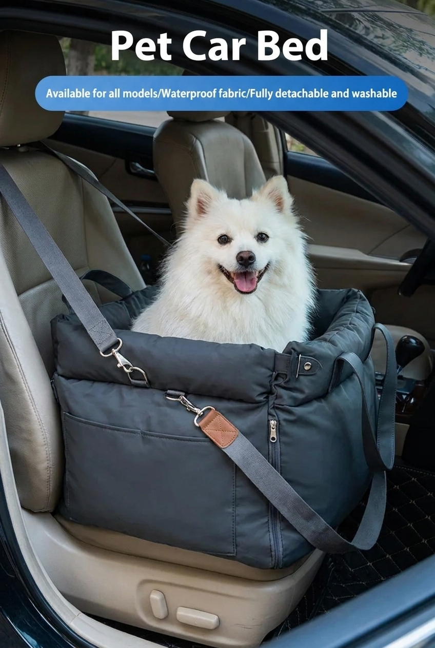 Samoyed in dark blue dog car booster seat