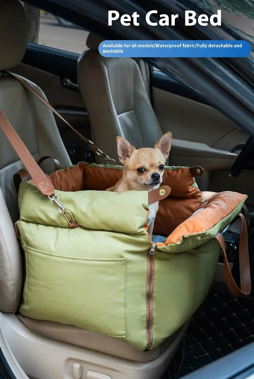 Chihuahua in green dog car booster seat