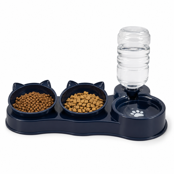 Dark navy 3-in-1 cat feeding station with water dispenser — cat ear bowls