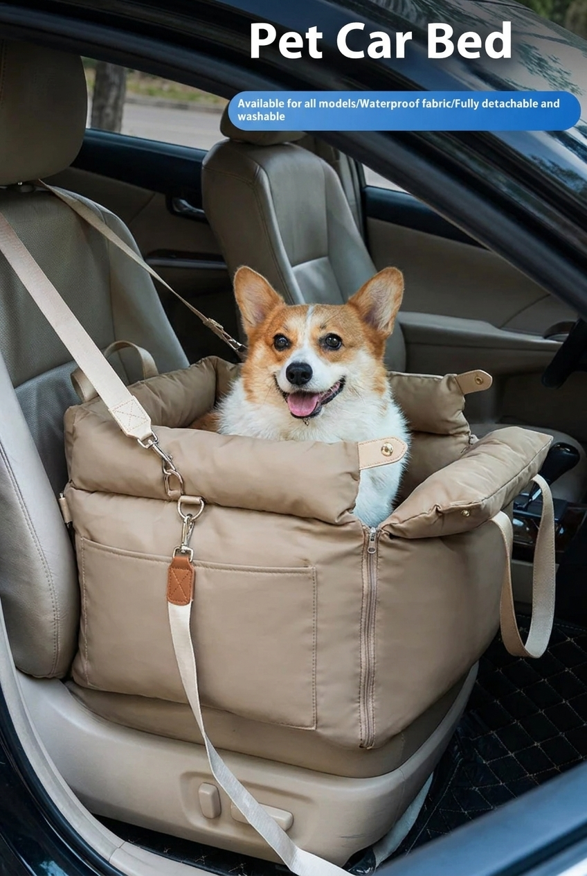 Corgi sitting in beige dog car booster seat