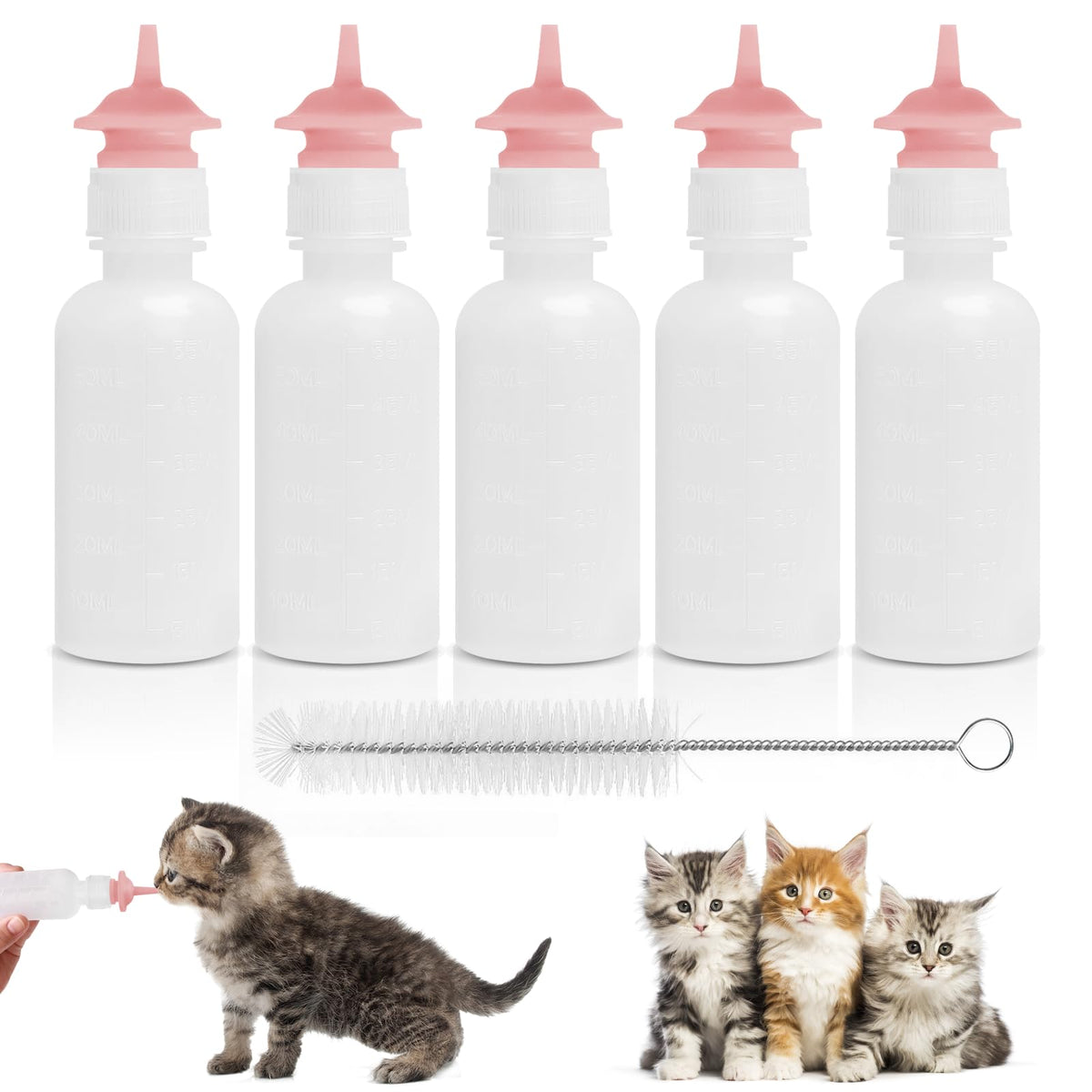 FEDIPUP Pack of 5 Pet Feeding Bottle Reusable Nursing Bottles Kits with Silicone Nipple Replacement Original Feeding Bottle for Newborn Kittens Puppies Small Cat Dog Animals Pink Short Nipple