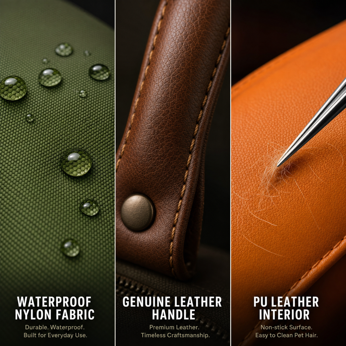Waterproof nylon fabric, genuine leather handle, PU leather interior