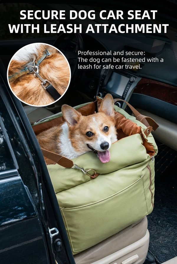 Corgi in dog car booster seat with leash attachment for safe travel