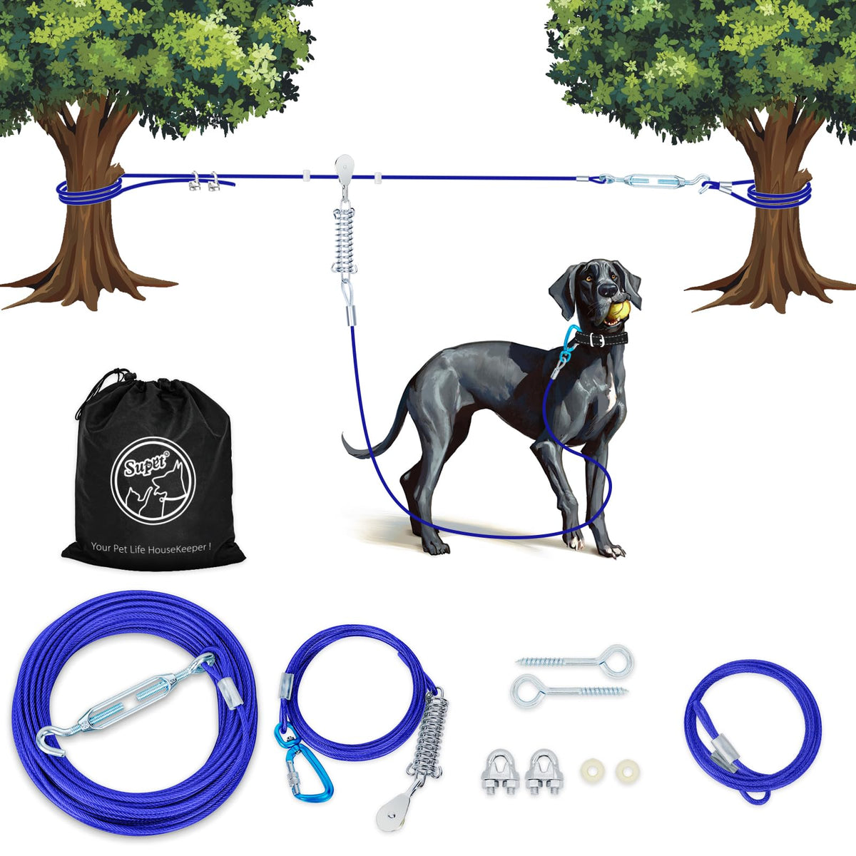 Supet Dog Runner for Yard 10ft Dog Run Cable 50ft Dog Zip Line for Backyard Camping Outside Dog Trolley System for Large Dogs Dog Tie Out Cable for Dogs up to 250lbs Aerial Dog Run (Blue)