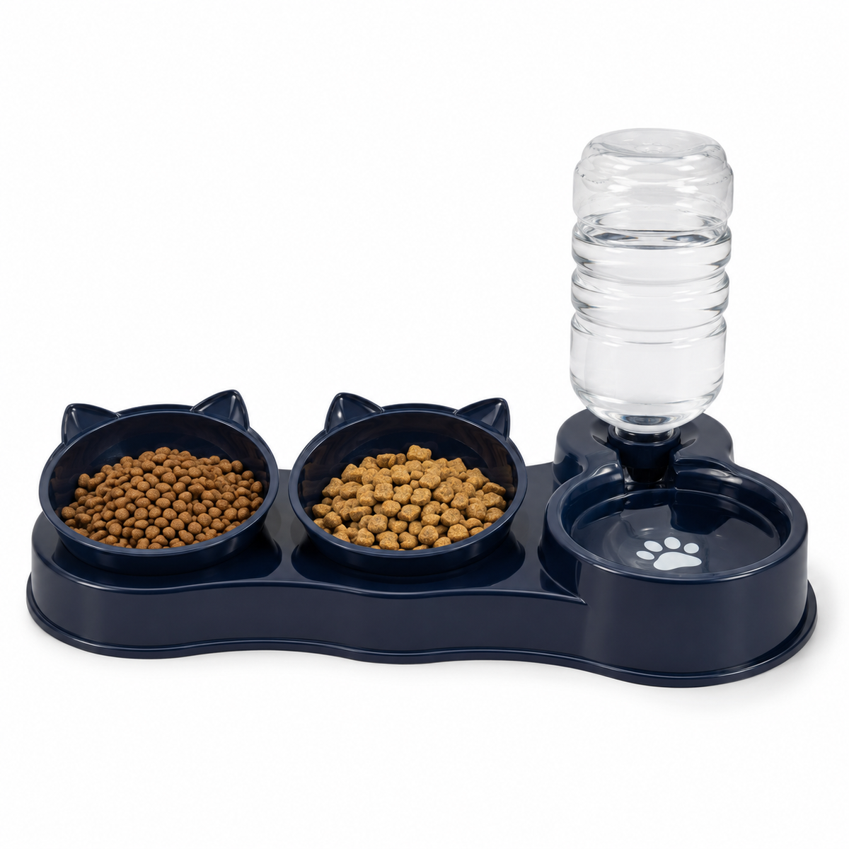 Dark navy 3-in-1 cat feeding station with water dispenser — cat ear bowls