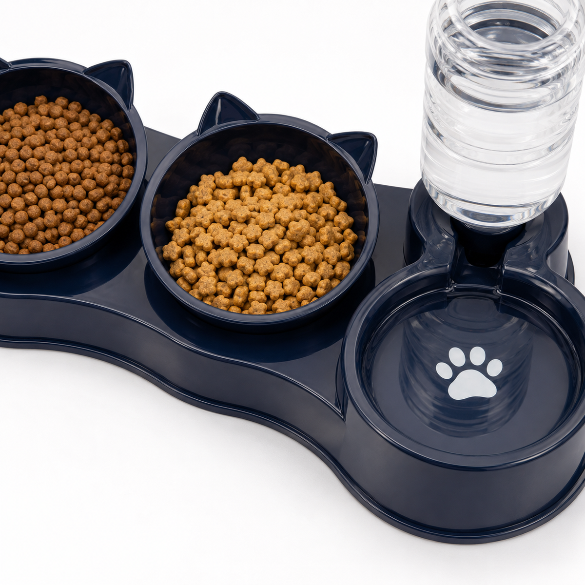 3-in-1 cat bowl detail — food bowls with water dispenser and paw print mat