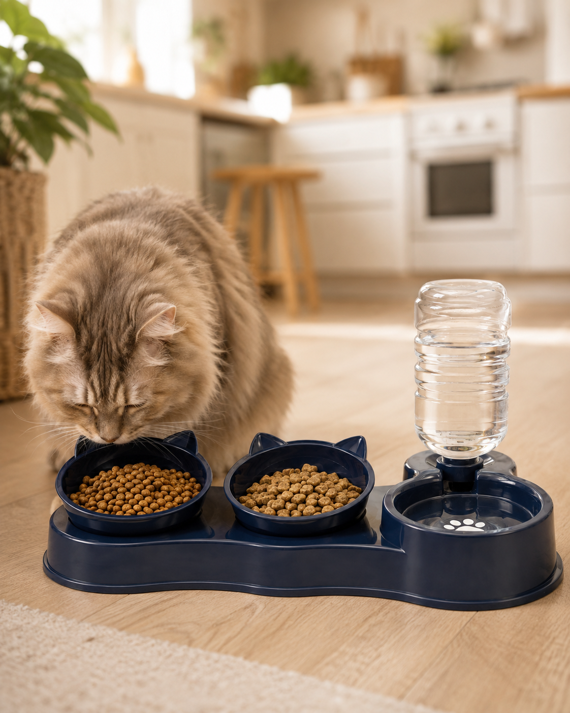 Two cats enjoying food from the 3-in-1 station in a modern kitchen