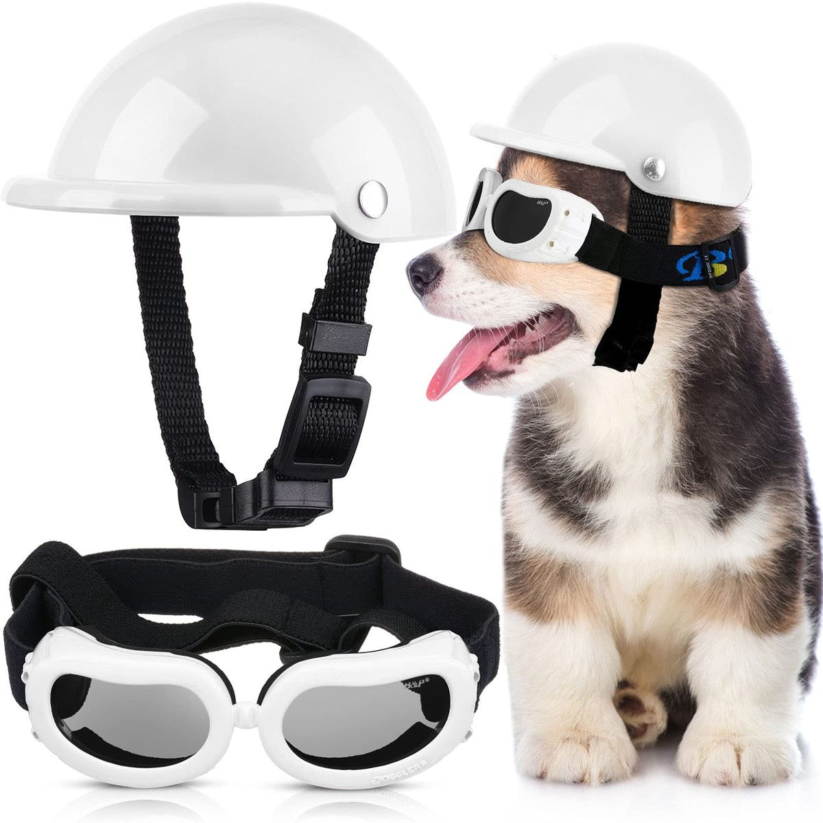 Pet Dog Helmet and Dog Goggles Set 4 Inch Padded Pet Motorcycle Helmet Dog Sunglasses Safety Pet Cap Dog Hard Hat Adorable Puppy Goggles with Adjustable Belt for Small Dog RidingS Size (White)